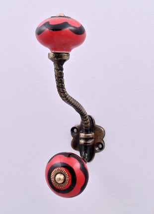 Red & Black Striped Swirl Ceramic Knob With Metal Wall Hanger