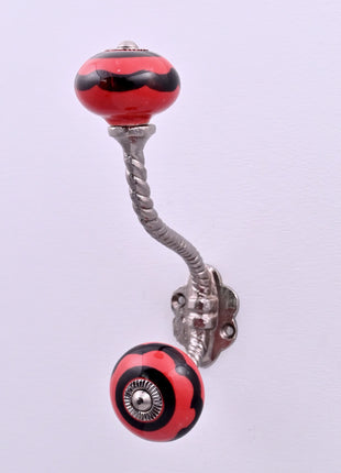 Red & Black Striped Swirl Ceramic Knob With Metal Wall Hanger