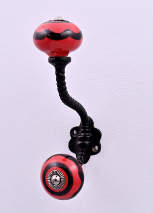Red & Black Striped Swirl Ceramic Knob With Metal Wall Hanger