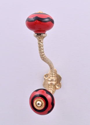 Red & Black Striped Swirl Ceramic Knob With Metal Wall Hanger