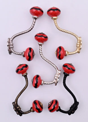 Red & Black Striped Swirl Ceramic Knob With Metal Wall Hanger