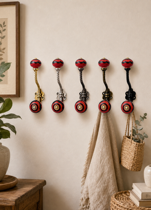Red & Black Striped Swirl Ceramic Knob With Metal Wall Hanger