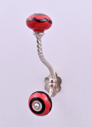 Red & Black Striped Swirl Ceramic Knob With Metal Wall Hanger