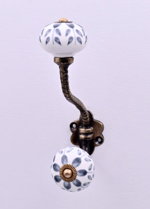 Grey Floral Ceramic Knob With Metal Wall Hanger