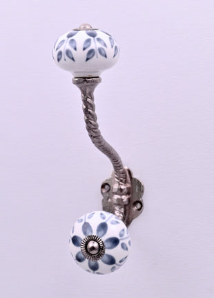 Grey Floral Ceramic Knob With Metal Wall Hanger
