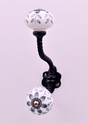 Grey Floral Ceramic Knob With Metal Wall Hanger