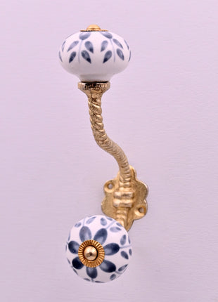 Grey Floral Ceramic Knob With Metal Wall Hanger