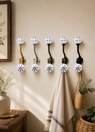 Grey Floral Ceramic Knob With Metal Wall Hanger