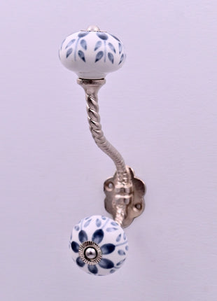 Grey Floral Ceramic Knob With Metal Wall Hanger