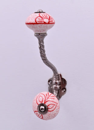 Red Speckled Floral Ceramic Knob With Metal Wall Hanger