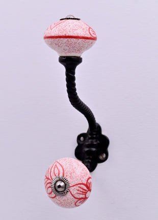 Red Speckled Floral Ceramic Knob With Metal Wall Hanger