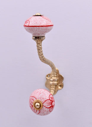Red Speckled Floral Ceramic Knob With Metal Wall Hanger