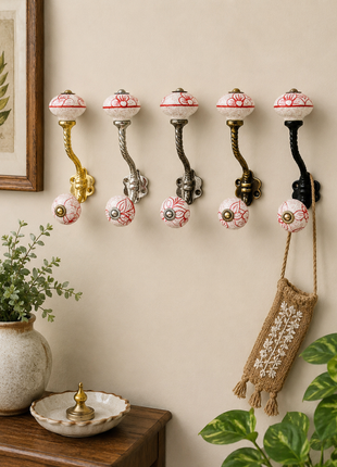 Red Speckled Floral Ceramic Knob With Metal Wall Hanger