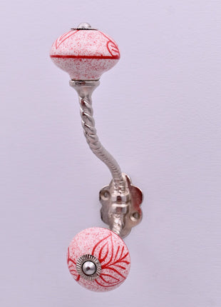 Red Speckled Floral Ceramic Knob With Metal Wall Hanger