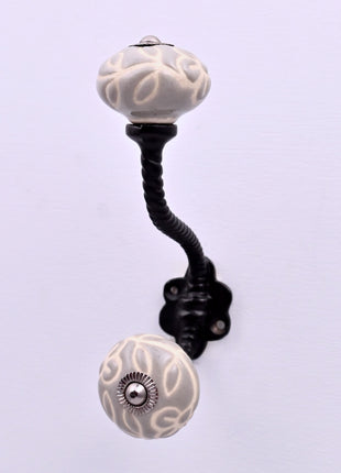 Embossed Grey Ceramic Knob With Metal Wall Hanger