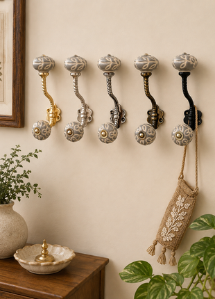 Embossed Grey Ceramic Knob With Metal Wall Hanger