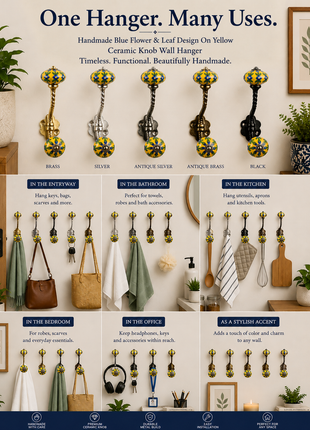 Blue Flower And Leaf Design On Yellow Knob With Metal Wall Hanger