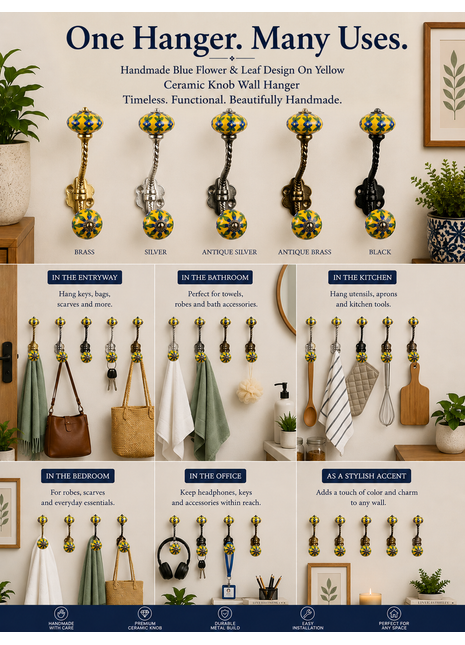 Blue Flower And Leaf Design On Yellow Knob With Metal Wall Hanger