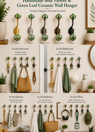 Blue Flower and Green Leaf with Lime Green Base Knob With Metal Wall Hanger