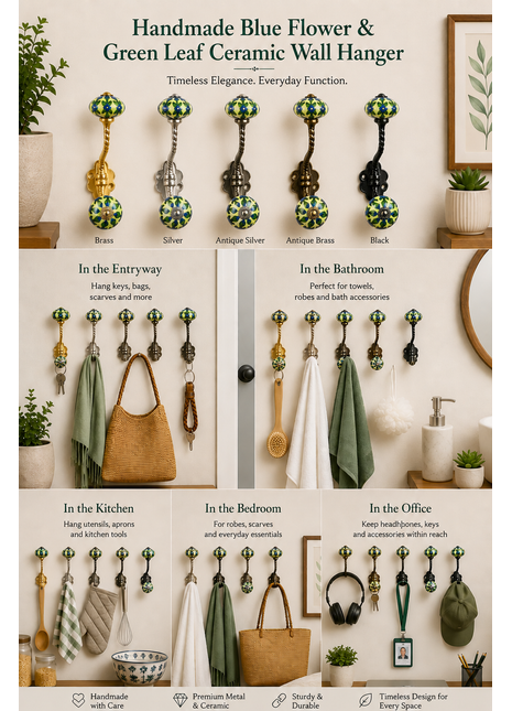 Blue Flower and Green Leaf with Lime Green Base Knob With Metal Wall Hanger