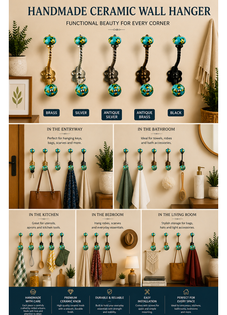 Turquoise Silver Beaded Knob With Metal Wall Hanger