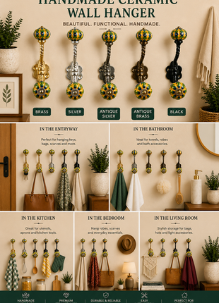Multicolor Flower And Leaf Design On Yellow Knob With Metal Wall Hanger