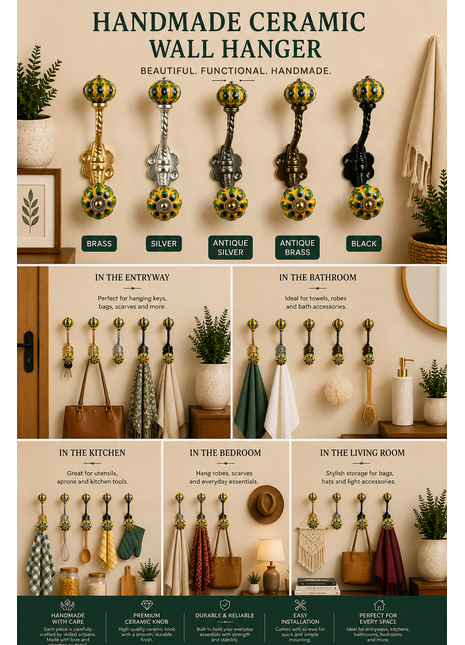 Multicolor Flower And Leaf Design On Yellow Knob With Metal Wall Hanger