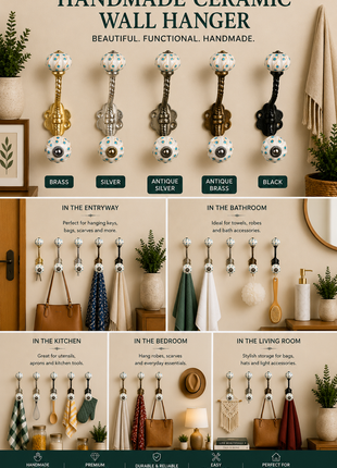 White Base Knob Turquoise Dots With Metal Wall Hanger