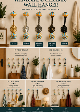 Turquoise Flower With Yellow Base Melon Shaped Knob With Metal Wall Hanger