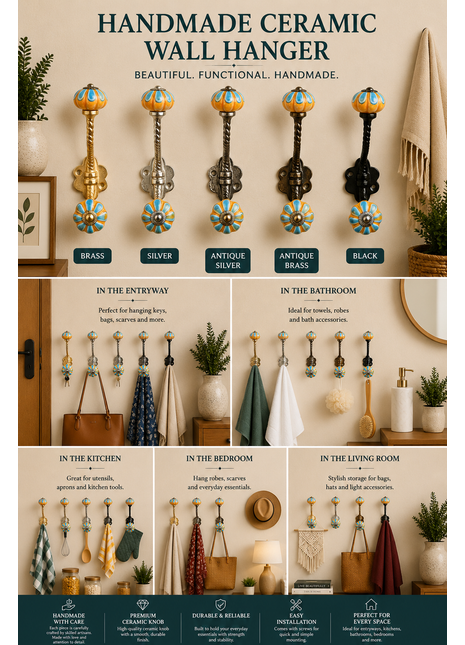 Turquoise Flower With Yellow Base Melon Shaped Knob With Metal Wall Hanger