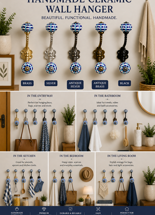 Designer White Knob Blue And Turquoise Design With Metal Wall Hanger