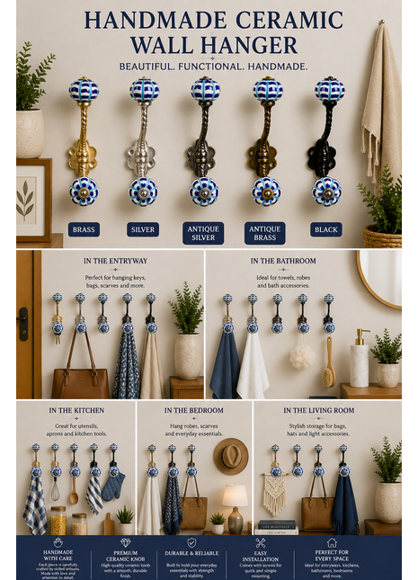 Designer White Knob Blue And Turquoise Design With Metal Wall Hanger