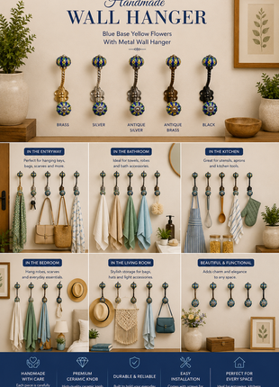 Blue Base Knob Yellow Flowers With Metal Wall Hanger