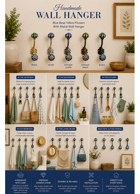 Blue Base Knob Yellow Flowers With Metal Wall Hanger