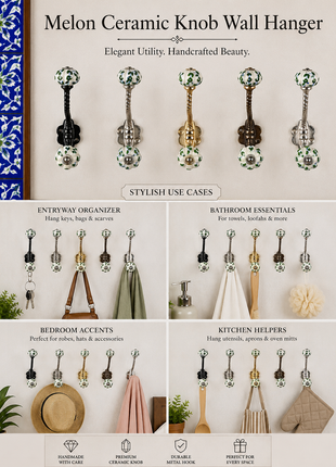 White Ceramic Melon Shaped Knob Green Design With Metal Wall Hanger