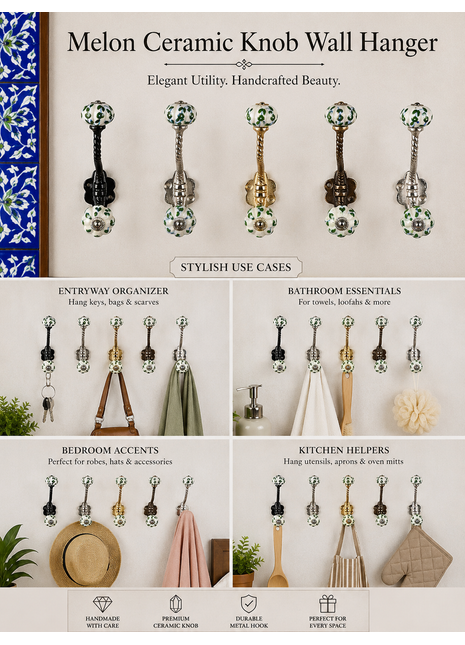 White Ceramic Melon Shaped Knob Green Design With Metal Wall Hanger