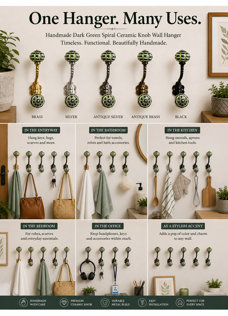 Dark Green Spiral Knob With Metal Wall Hanger