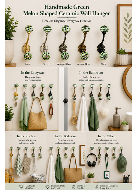 Green Melon Shaped Knob With Metal Wall Hanger