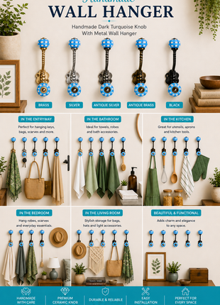 White and Turquoise design Knob With Metal Wall Hanger