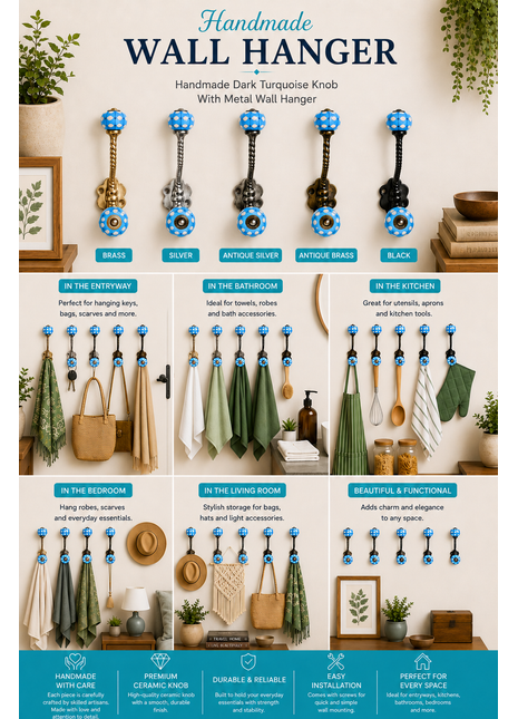 White and Turquoise design Knob With Metal Wall Hanger
