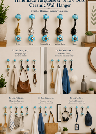 Turquoise and Yellow dots Ceramic Knob With Metal Wall Hanger