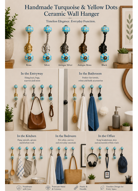 Turquoise and Yellow dots Ceramic Knob With Metal Wall Hanger