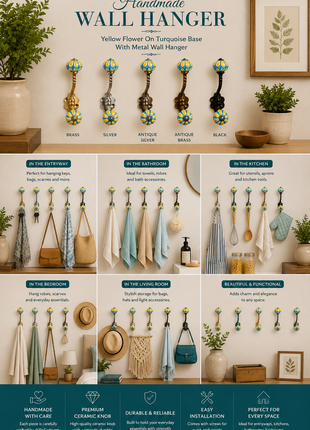 Yellow Flower On Turquoise Base Melon Shaped Knob With Metal Wall Hanger