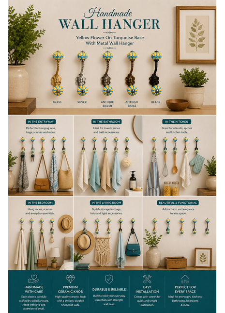 Yellow Flower On Turquoise Base Melon Shaped Knob With Metal Wall Hanger