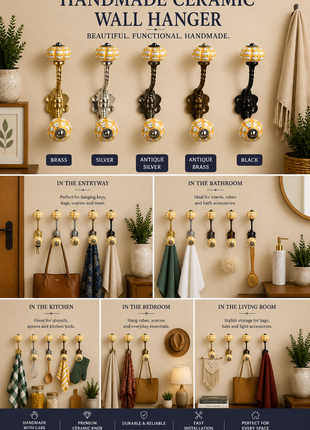 Yellow And White Ceramic Melon Shaped Knob With Metal Wall Hanger