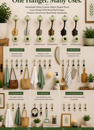 White Ceramic Melon Shaped Knob Green Design With Metal Wall Hanger