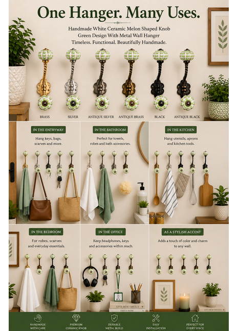 White Ceramic Melon Shaped Knob Green Design With Metal Wall Hanger
