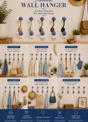 Blue Base Knob White Dots With Metal Wall Hanger