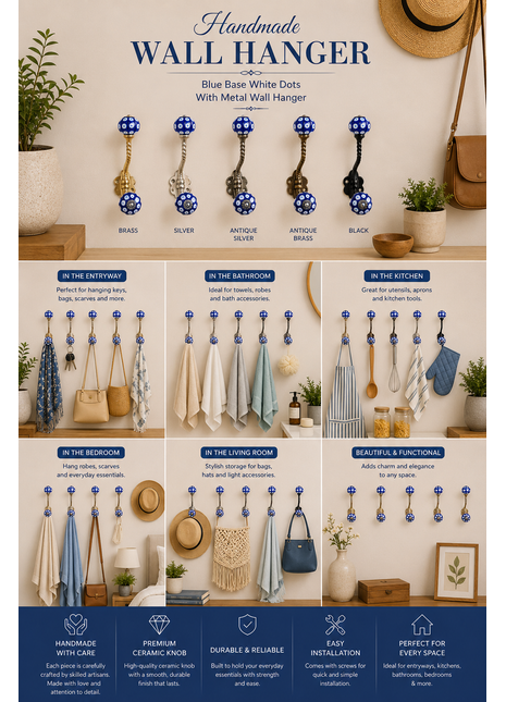 Blue Base Knob White Dots With Metal Wall Hanger