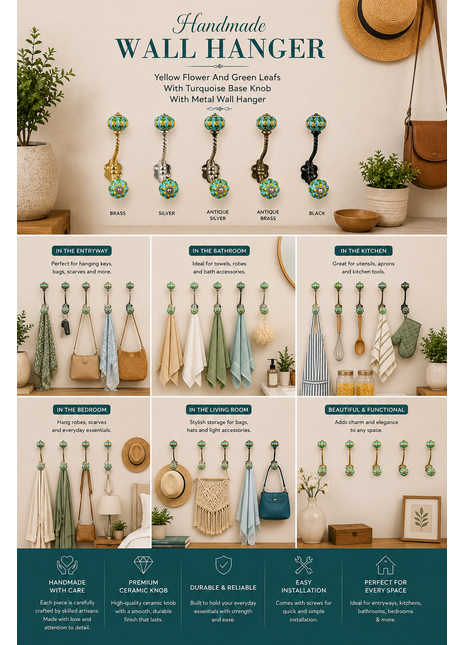 Yellow Flower and Green Leafs with Turquoise Base Knob With Metal Wall Hanger
